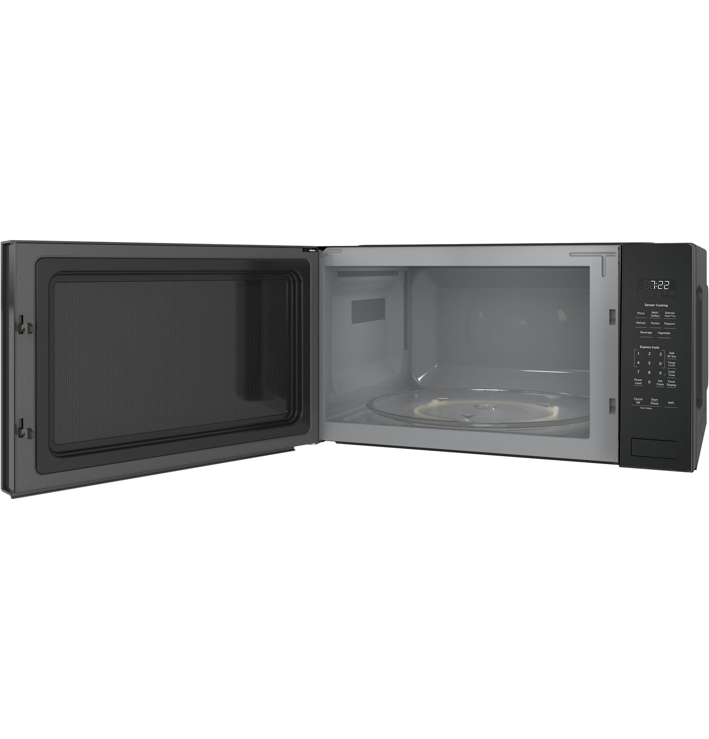 Built-in sensor microwave oven in black with open door, digital display, and control panel from Microwaves collection