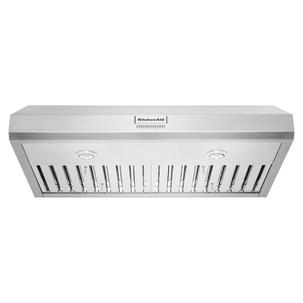 stainless steel commercial-style under-cabinet range hood with built-in lights from KitchenAid appliances collection