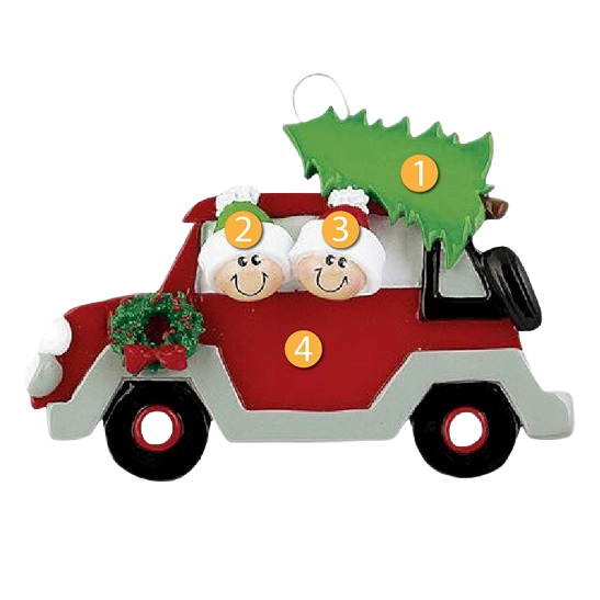 Red and gray Christmas caravan ornament with smiling couple wearing Santa hats and green tree on top under $50 collection
