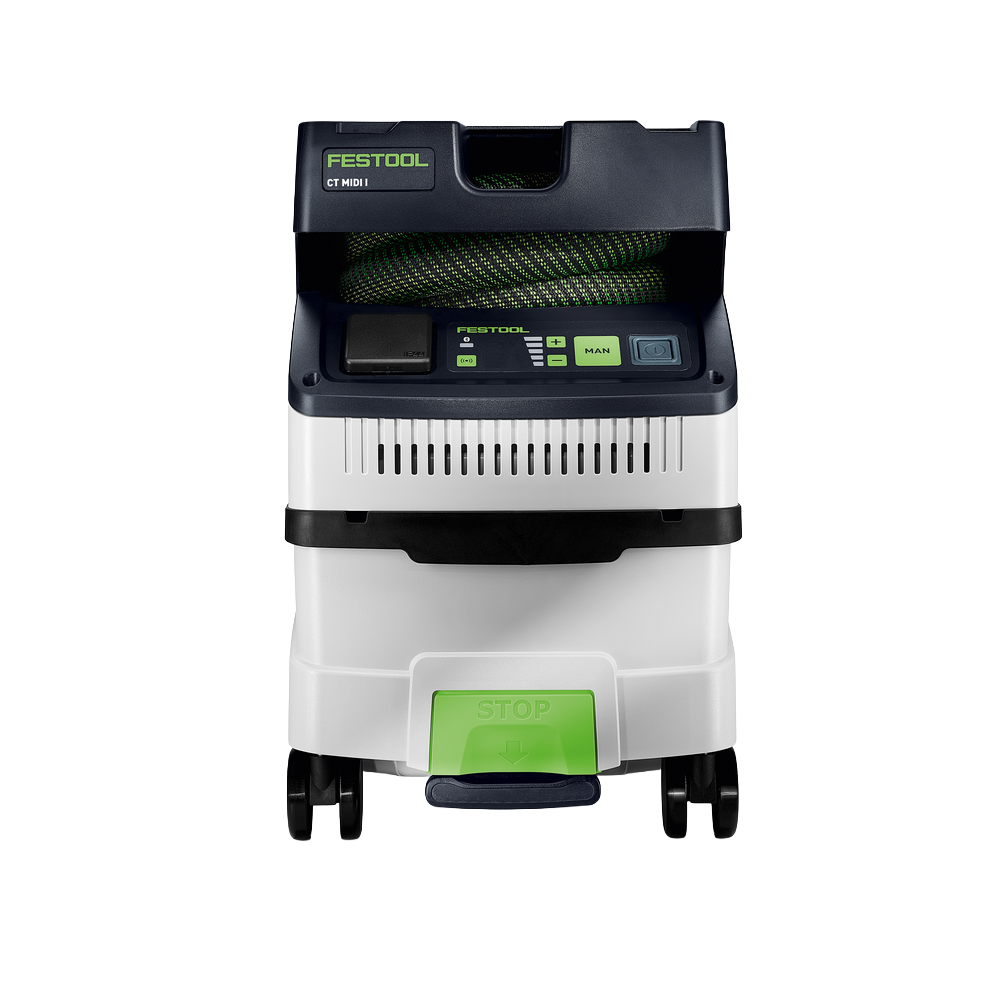 Front view of portable Festool MIDI I dust extractor with control panel and coiled hose for tools and home improvement tasks