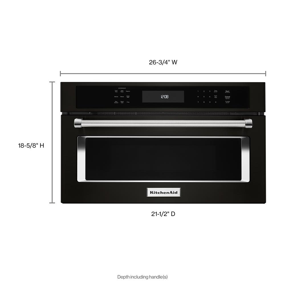 27-inch built-in microwave oven with convection cooking, black finish, stainless steel handle, and digital control panel for KitchenAid appliances and home improvement collections.