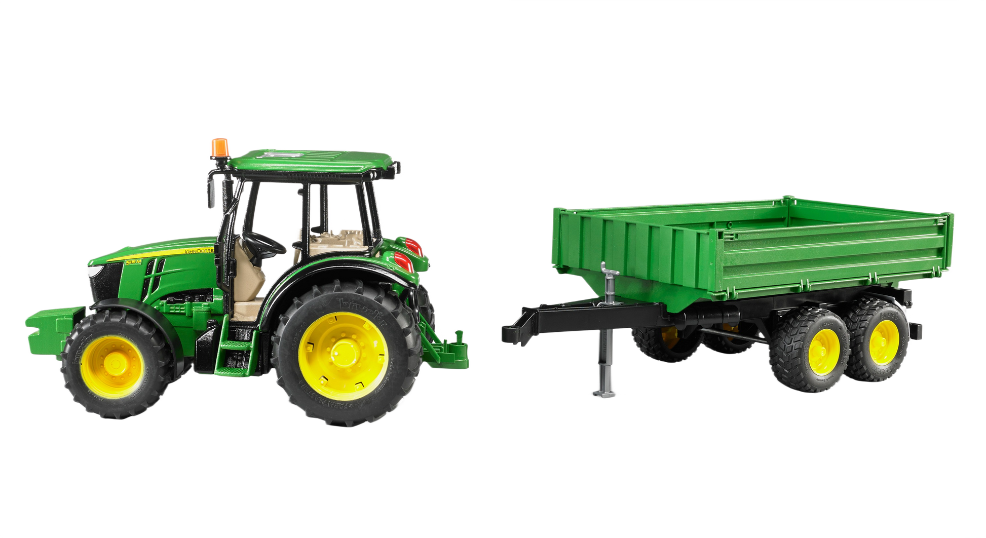 Green Bruder John Deere 5115M tractor with yellow wheels and detachable green trailer for farm and home improvement play.