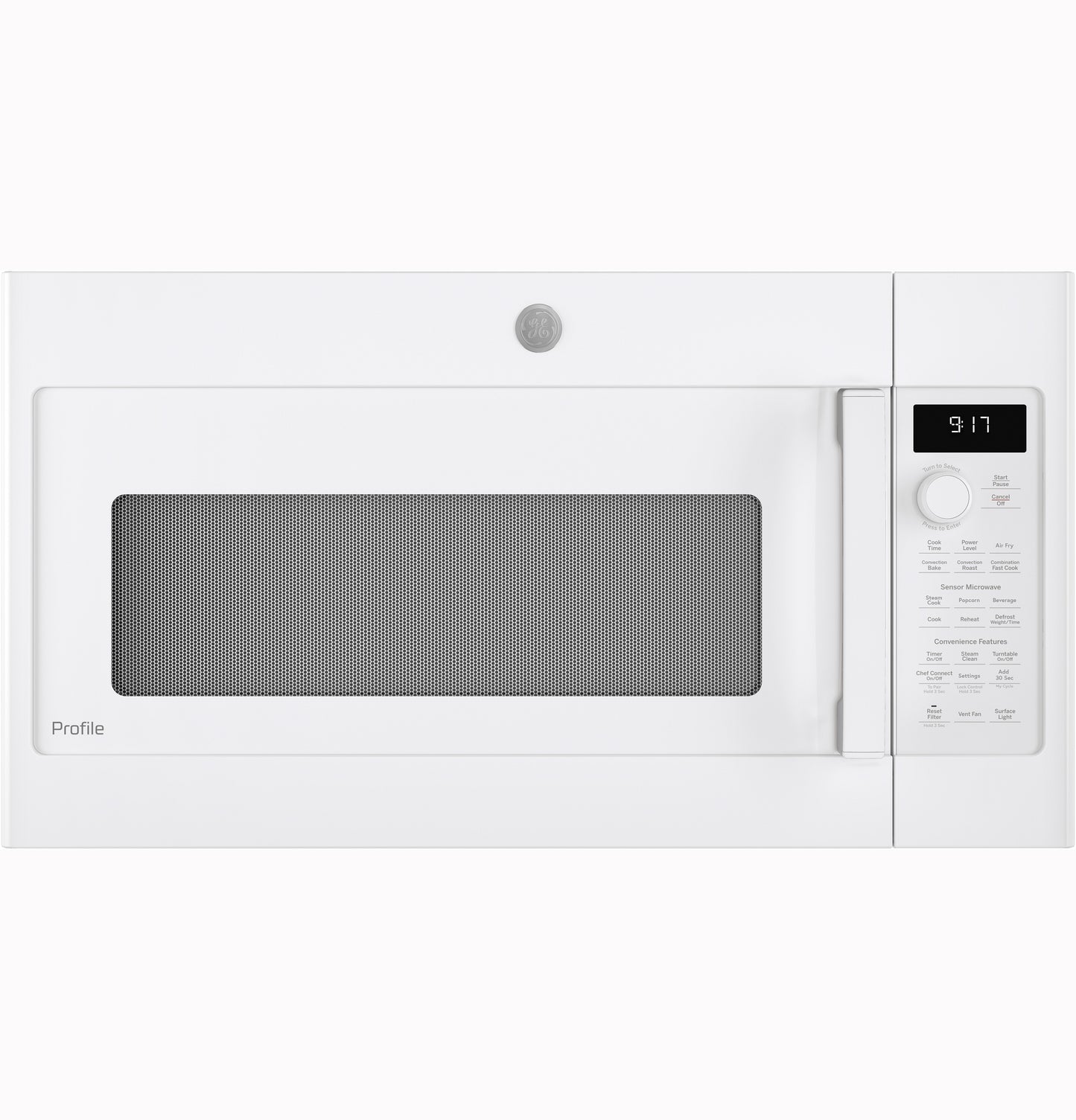 White over-the-range microwave with convection cooking, digital display, dial control, part of kitchen appliances collection