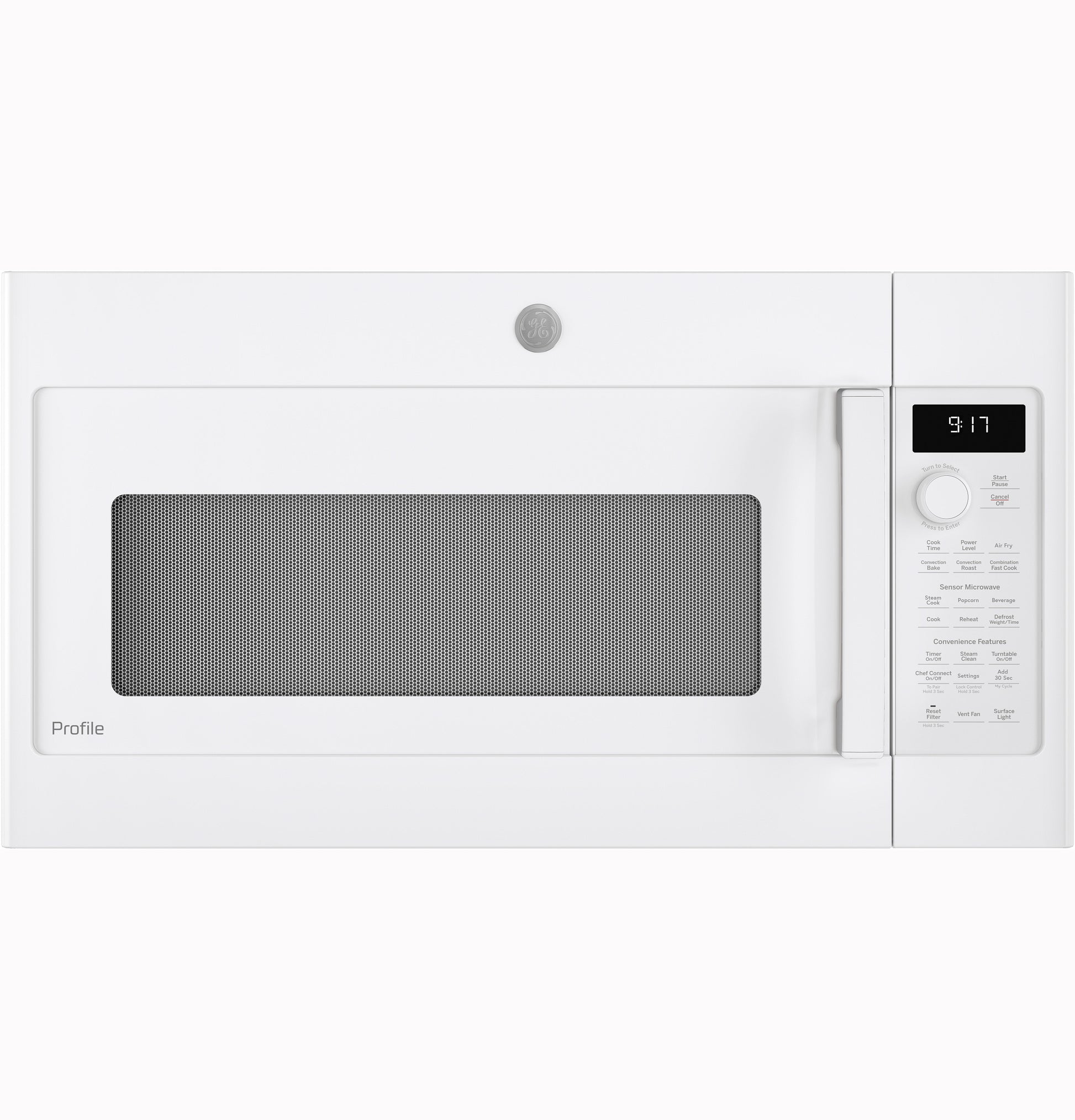 White over-the-range microwave with convection cooking, digital display, dial control, part of kitchen appliances collection