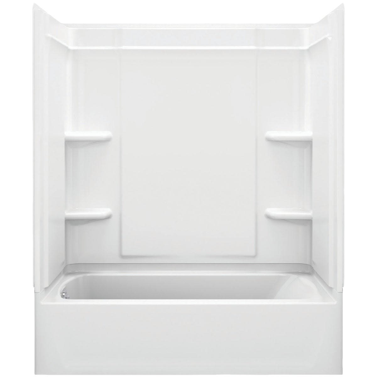 White three-piece tub surround wall kit with built-in shelving and tile ledge for bathroom improvement projects