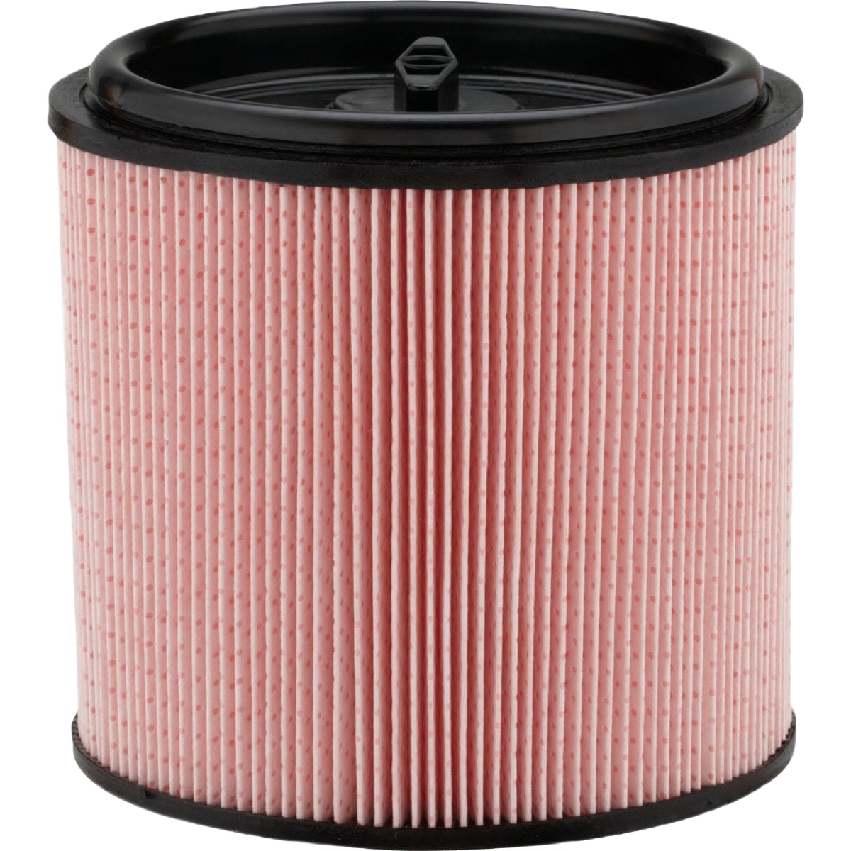 Pink pleated cartridge vacuum filter with black plastic end caps for fine dust collection in tools and home improvement