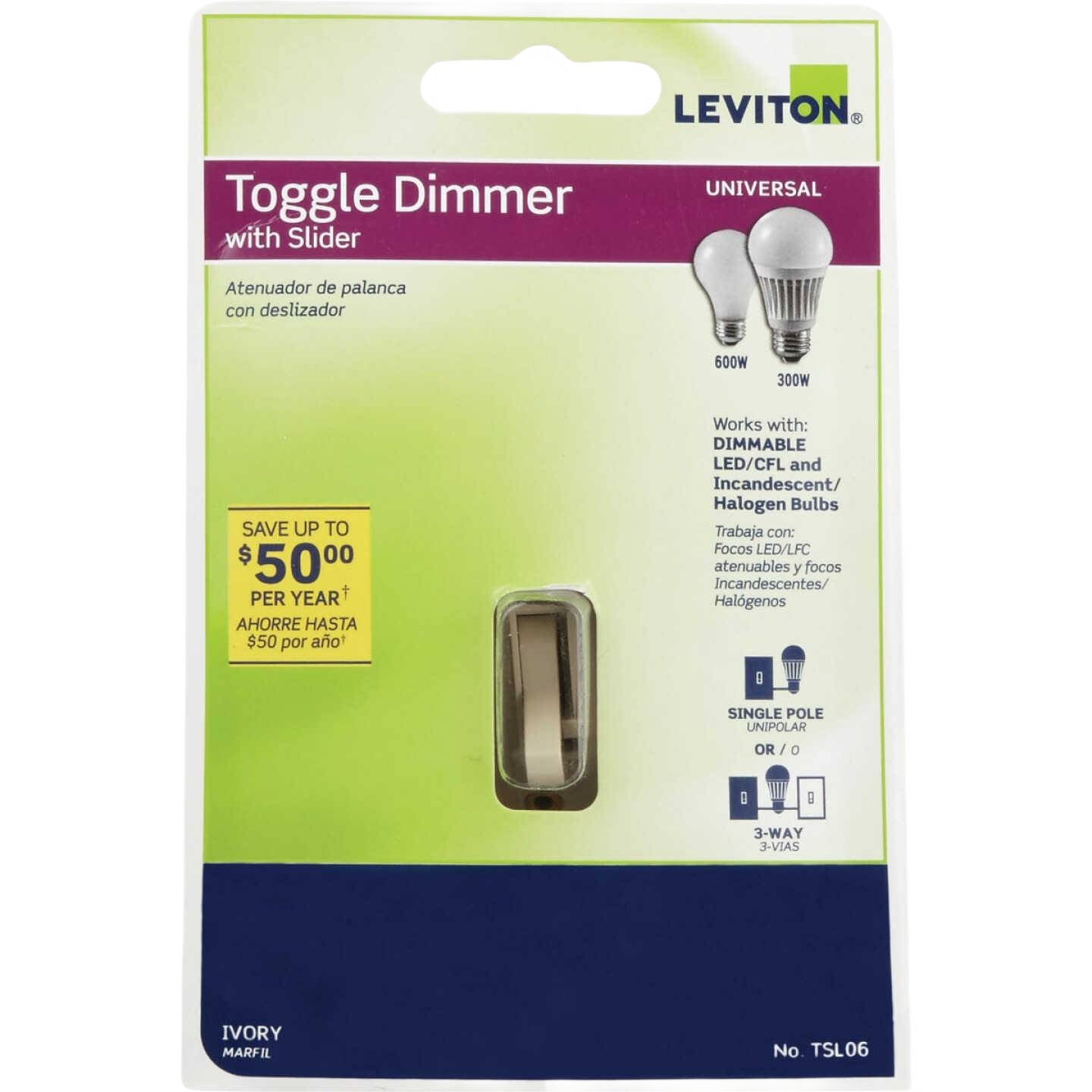 Ivory toggle slide dimmer switch in packaging compatible with dimmable LED, CFL, incandescent, and halogen bulbs