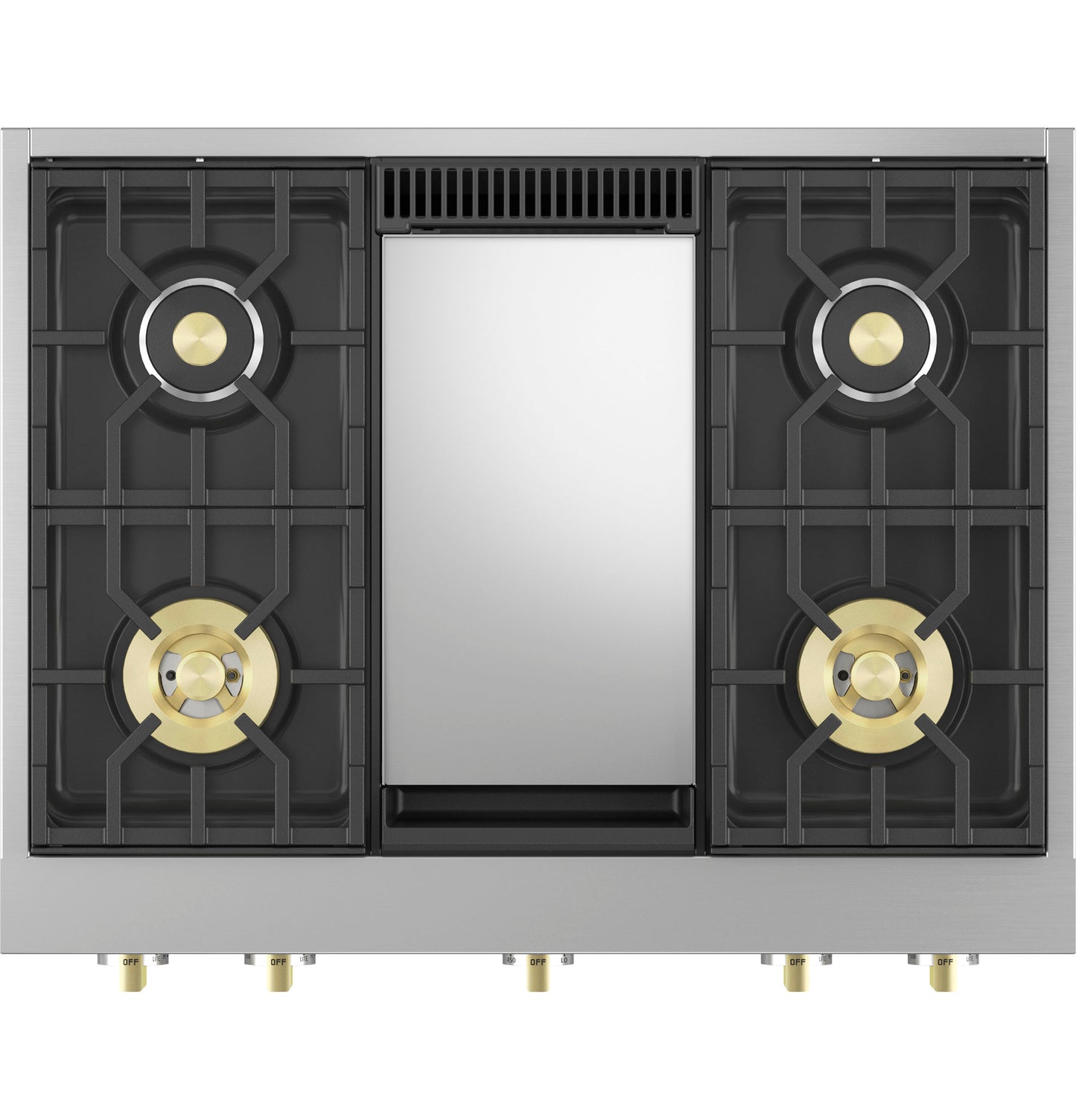 Top view of stainless steel cooktop with four brass burner knobs, central griddle, and cast iron grates in Gas Cooktops collection