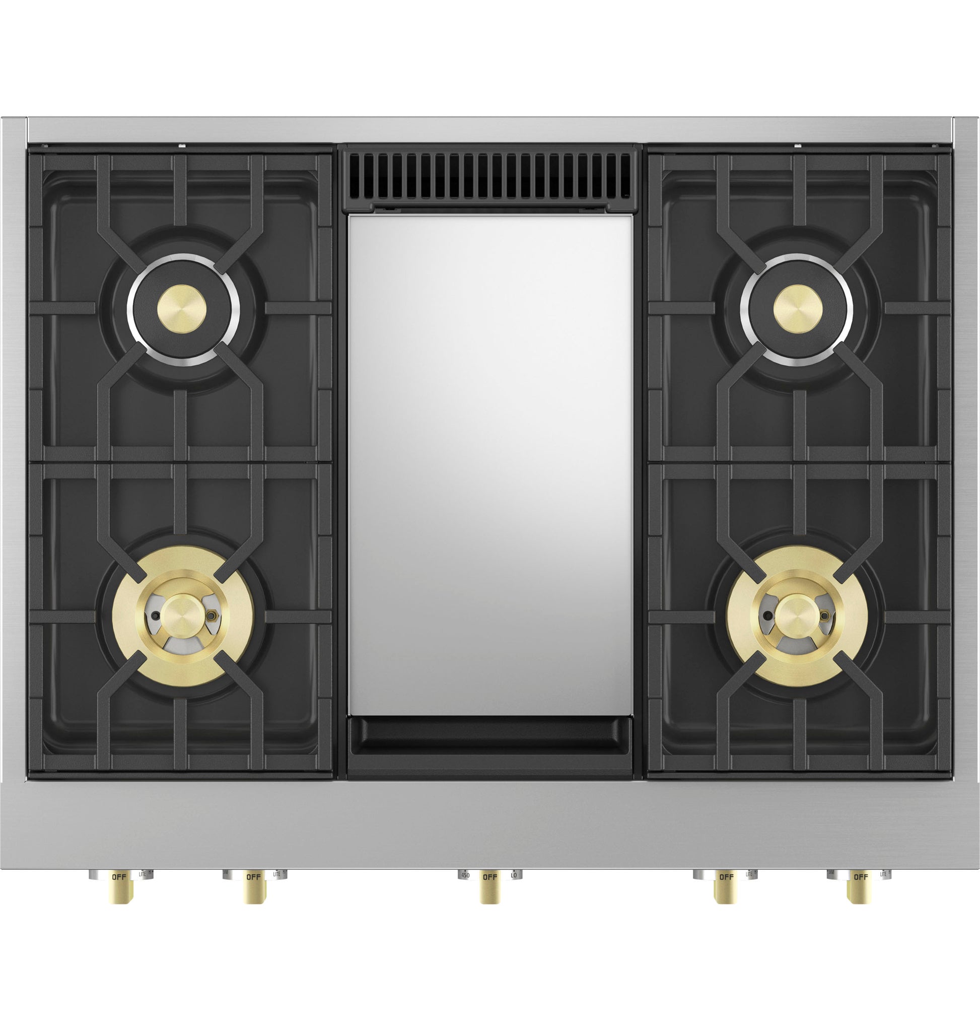 Top view of stainless steel cooktop with four brass burner knobs, central griddle, and cast iron grates in Gas Cooktops collection