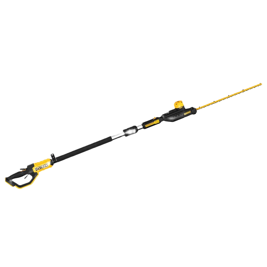Long cordless pole hedge trimmer with yellow and black design for efficient home improvement trimming tasks