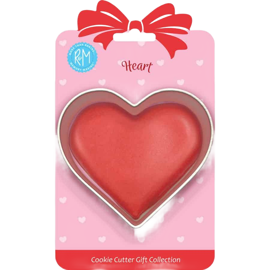Heart-shaped metal cookie cutter measuring 3.25 inches packaged with red heart design for kitchen baking use
