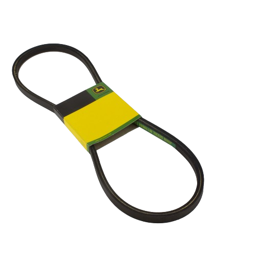 Black rubber V-belt with yellow and green John Deere packaging for equipment maintenance and repair tasks