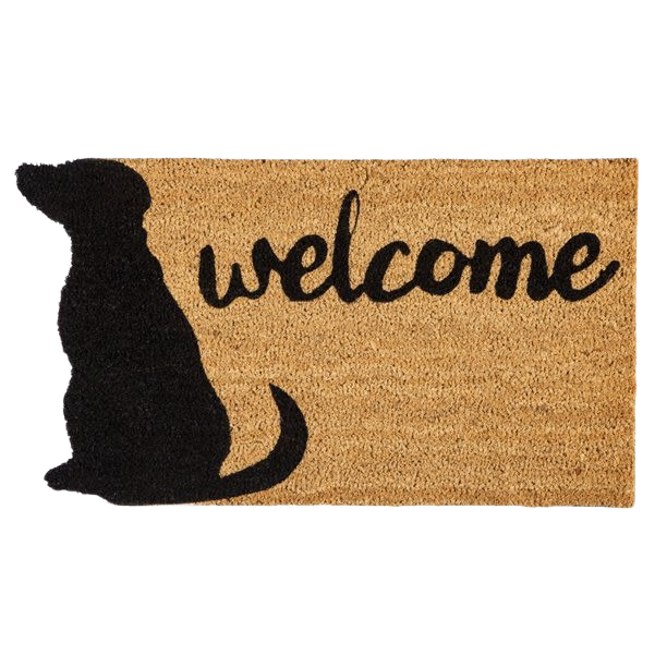 Coir doormat with black dog silhouette and scripted welcome message for entryway decoration and home improvement