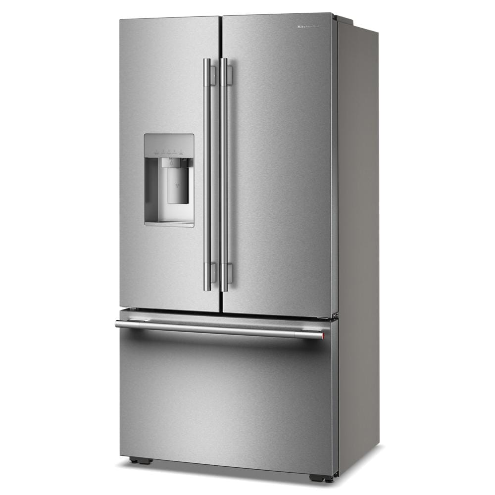 Stainless steel counter-depth French door refrigerator with bottom freezer drawer and built-in external water dispenser, part of KitchenAid appliances and refrigerators collections.