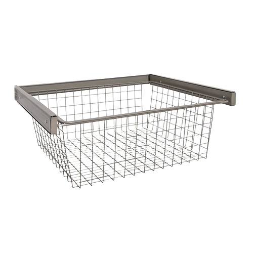 Nickel-finished wire storage basket for kitchen and countertop organization in FreedomRail accessories collection