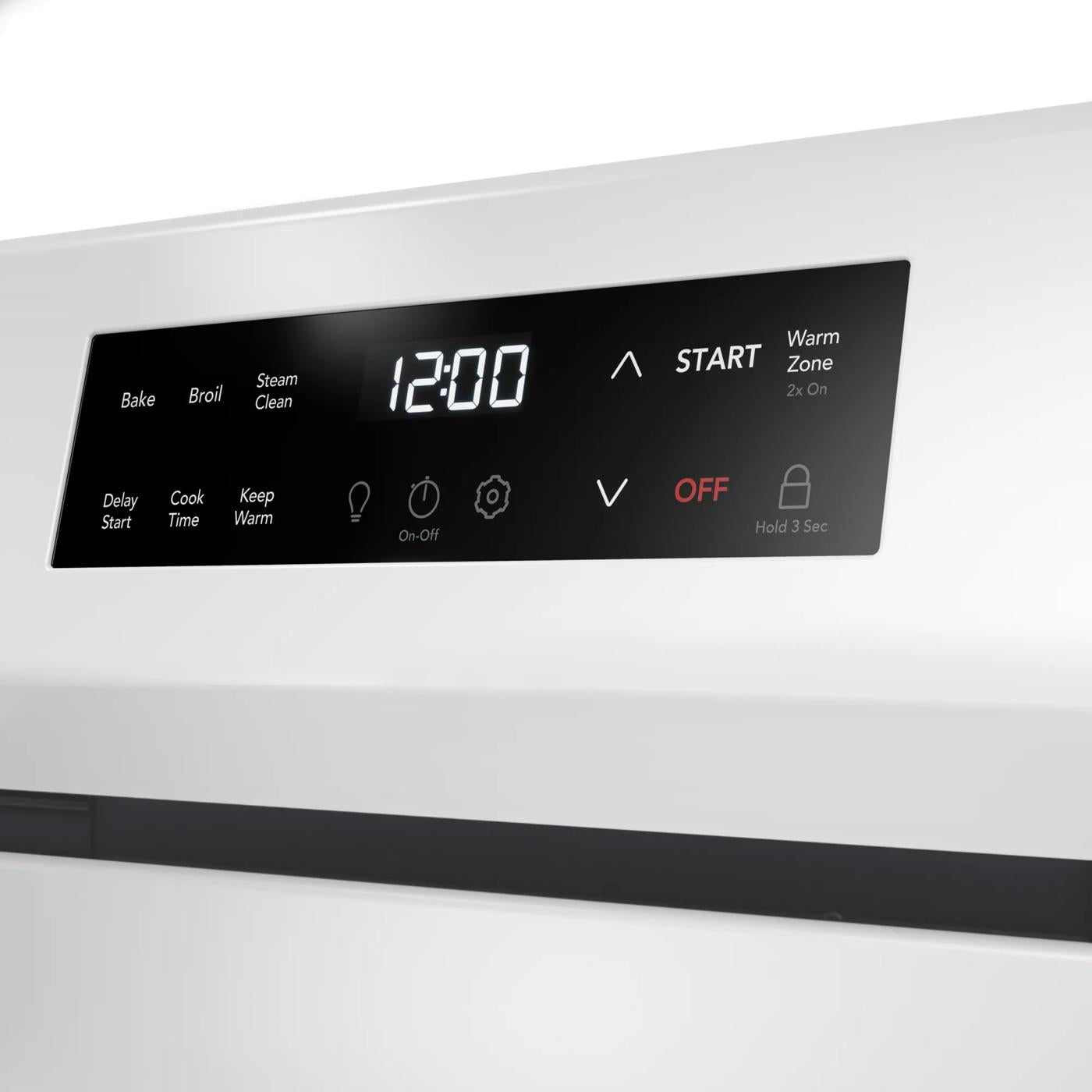 Digital control panel with clock, touch buttons for bake, broil, steam clean, and warm zone in ranges collection