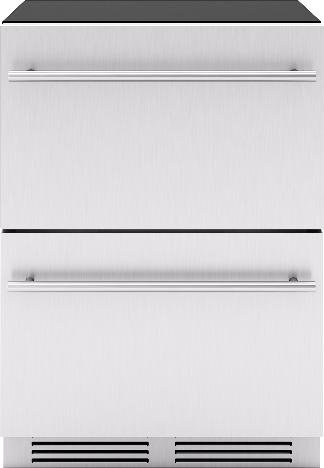 Under-counter stainless steel refrigerator drawers with modern handles for kitchen and appliance storage solutions