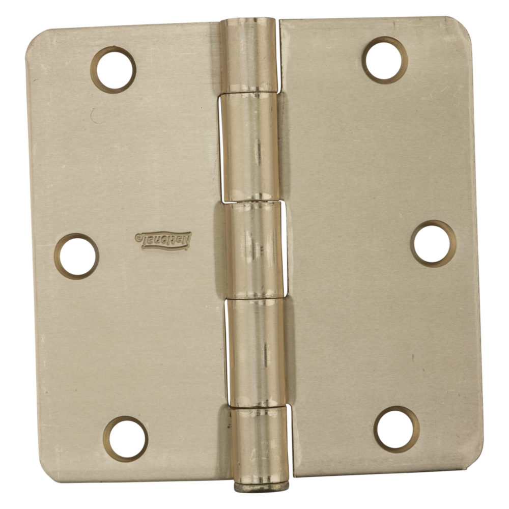 Satin brass door hinge with rounded corners and six screw holes for smooth residential door installation in hardware collection