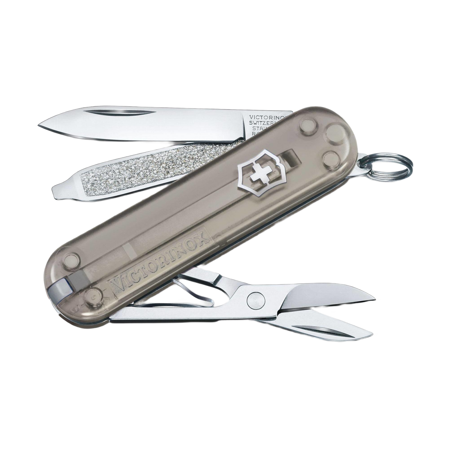 Compact transparent multi-tool pocket knife with scissors, nail file, and blade for woodworking and cutting tools collections under $50