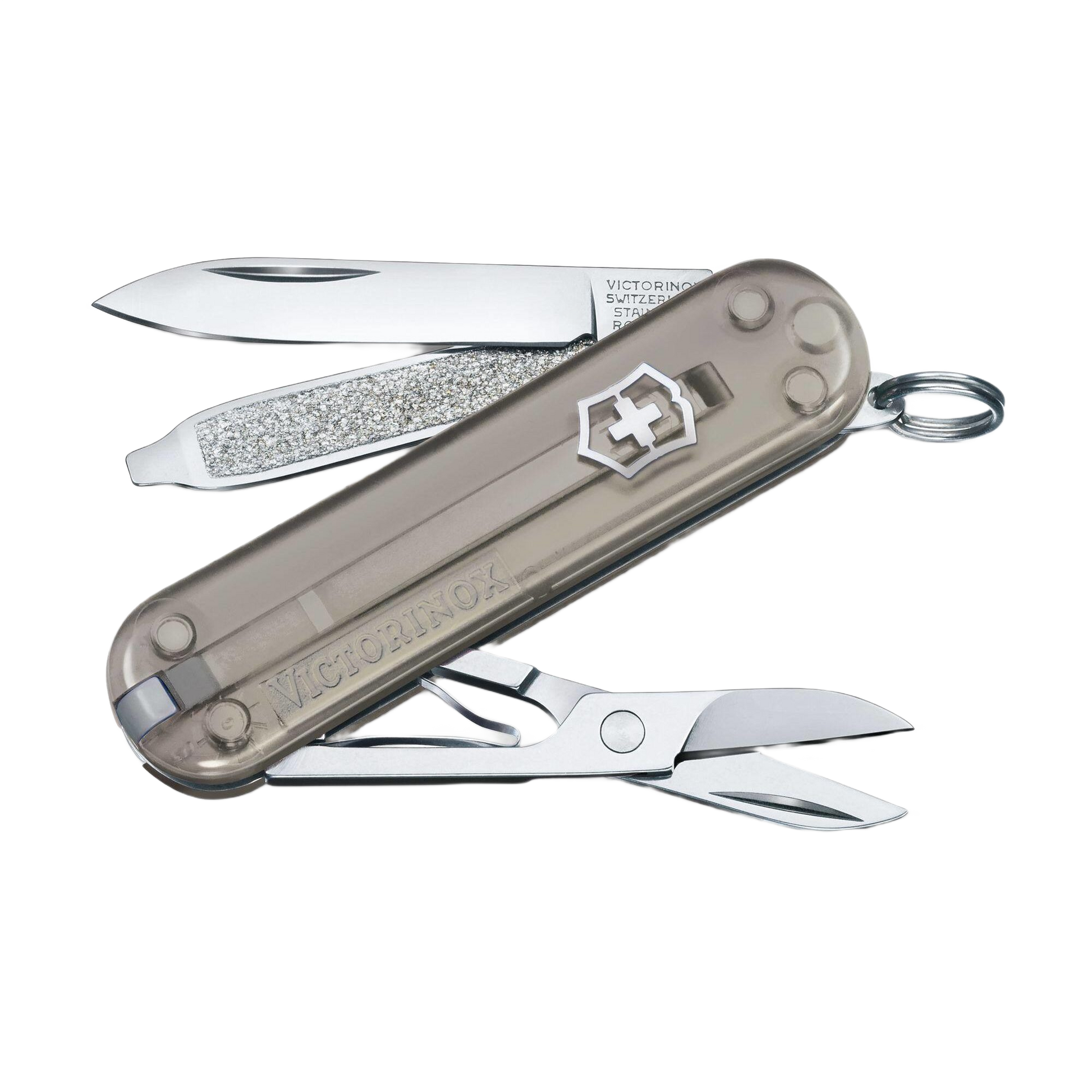 Compact transparent multi-tool pocket knife with scissors, nail file, and blade for woodworking and cutting tools collections under $50
