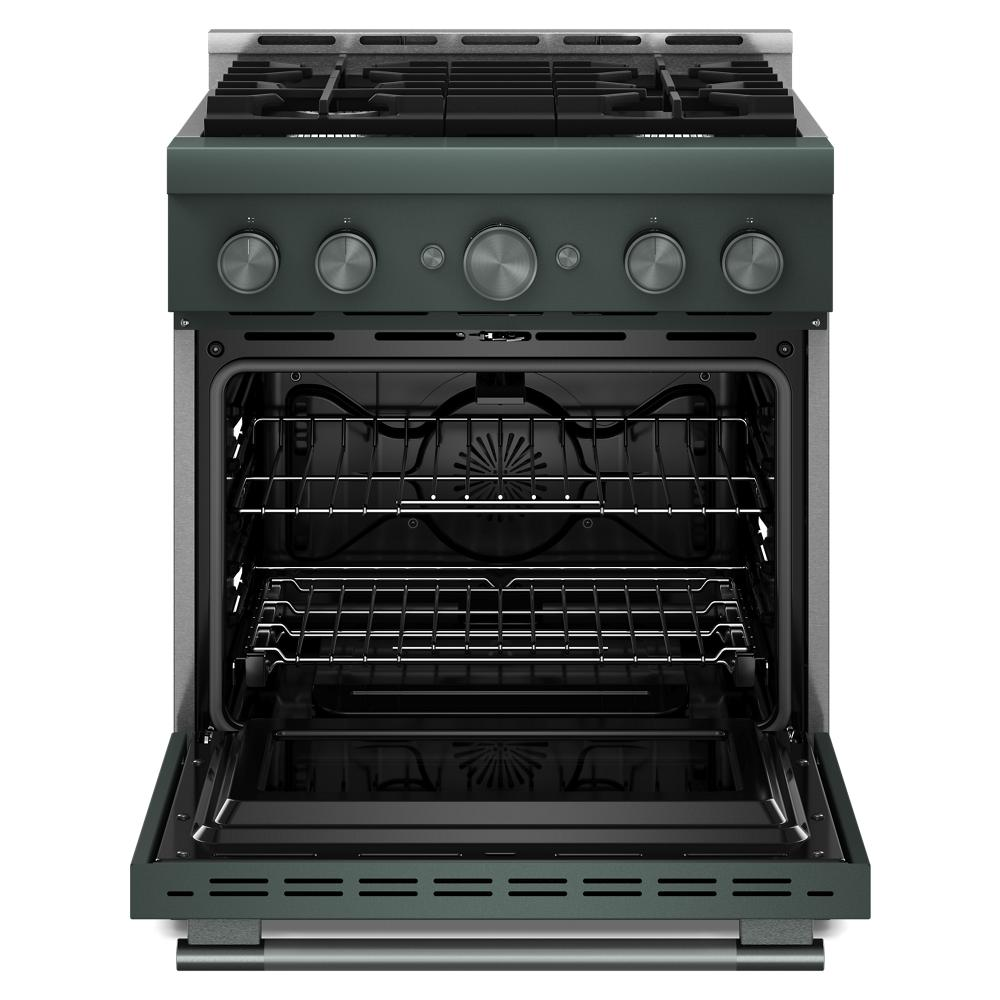 Open oven view of 30-inch KitchenAid commercial-style gas range with four burners and dark green finish