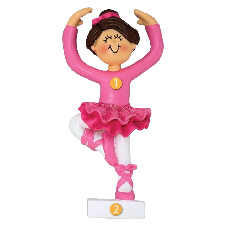 Whimsical brunette ballerina ornament in pink tutu and ballet shoes, festive Christmas tree decoration under $50