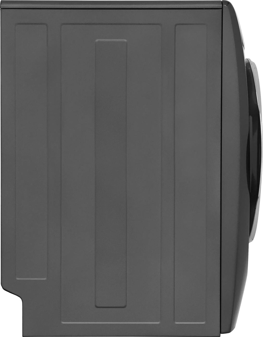 Side view of dark gray front load electric dryer with sleek, contoured panels and modern design in appliance category