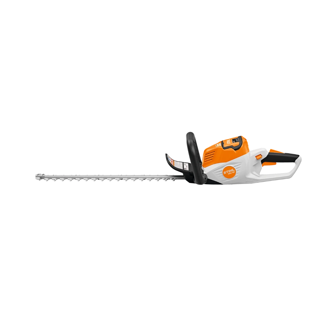 Orange and white electric cordless hedge trimmer with long blade and ergonomic handle for home improvement tools