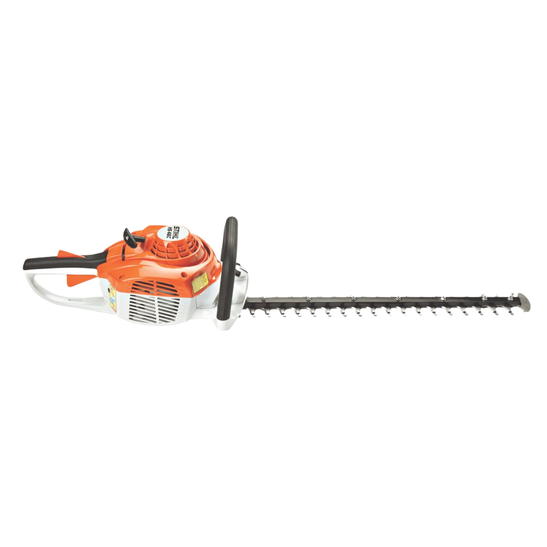 Gas-powered hedge trimmer with orange housing and long dual-action blade for home improvement landscaping tasks