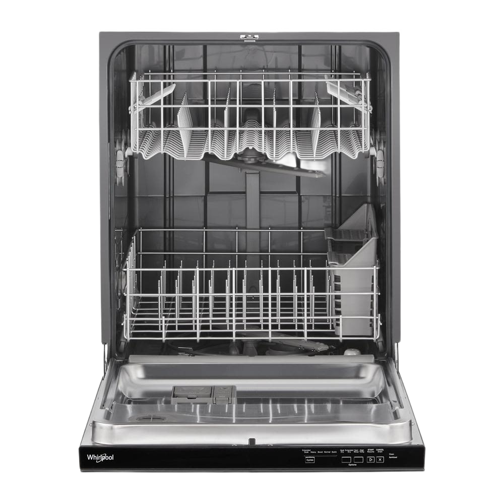 Open Whirlpool dishwasher with empty racks and stainless steel interior for home appliances and kitchenware collections