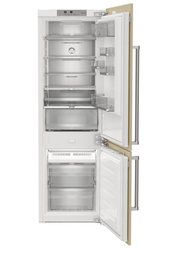Built-in bottom mount refrigerator with adjustable shelves, slide-out bins, and temperature-controlled drawers in Appliances collection