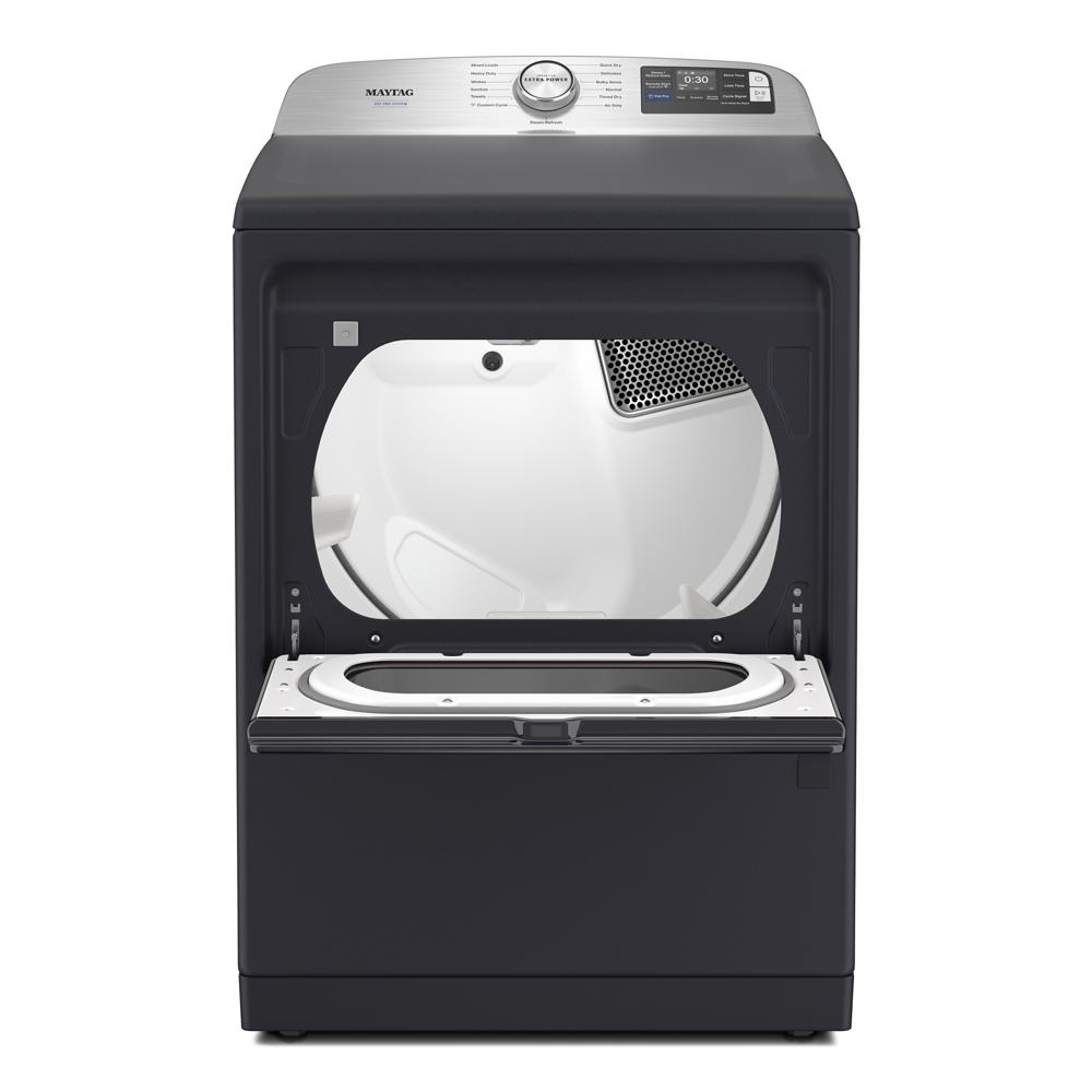 Black top load gas dryer with open door showing lint trap and digital control panel for home appliances in Dryers collection
