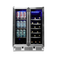 5.1 cu.ft. built-in French door beverage center with glass doors, stainless steel frame, and blue LED lighting in kitchen appliances collection