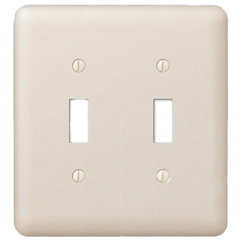 Light almond double toggle wallplate with rounded edges for electrical and home improvement applications.
