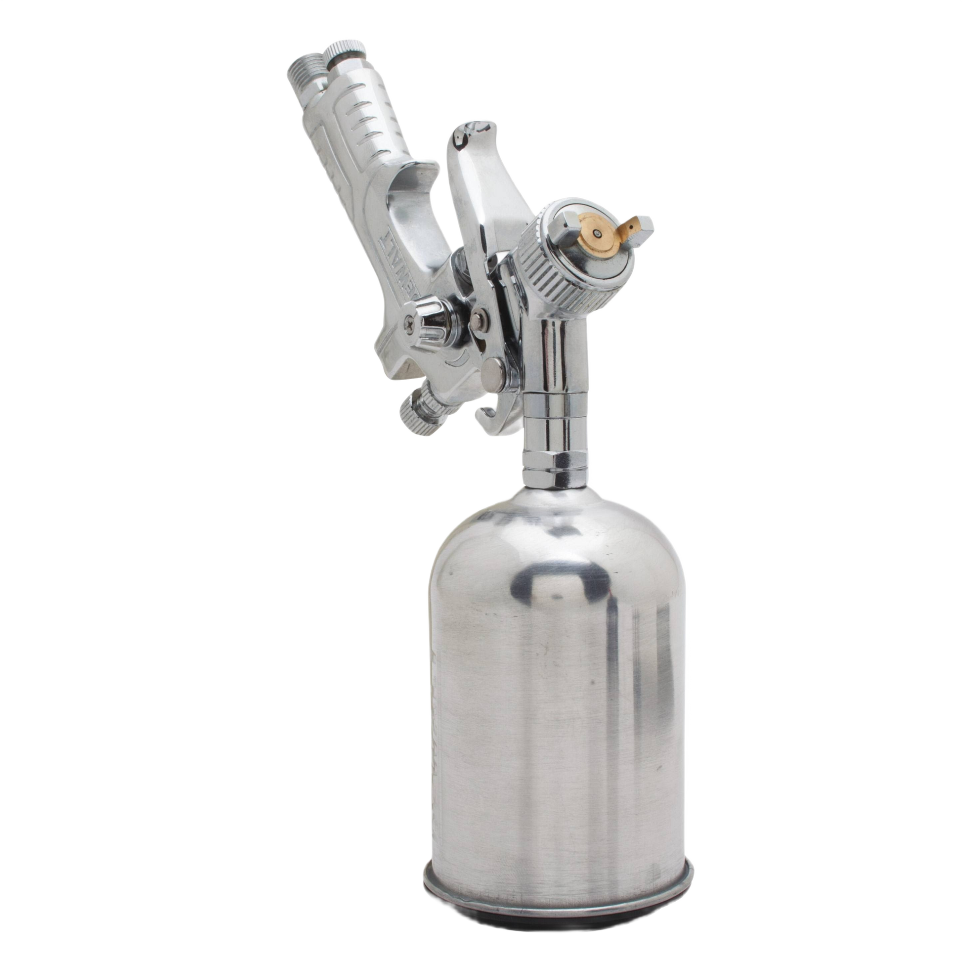Silver gravity feed paint sprayer gun with metal cup designed for precise touch-up in air tools and home improvement use
