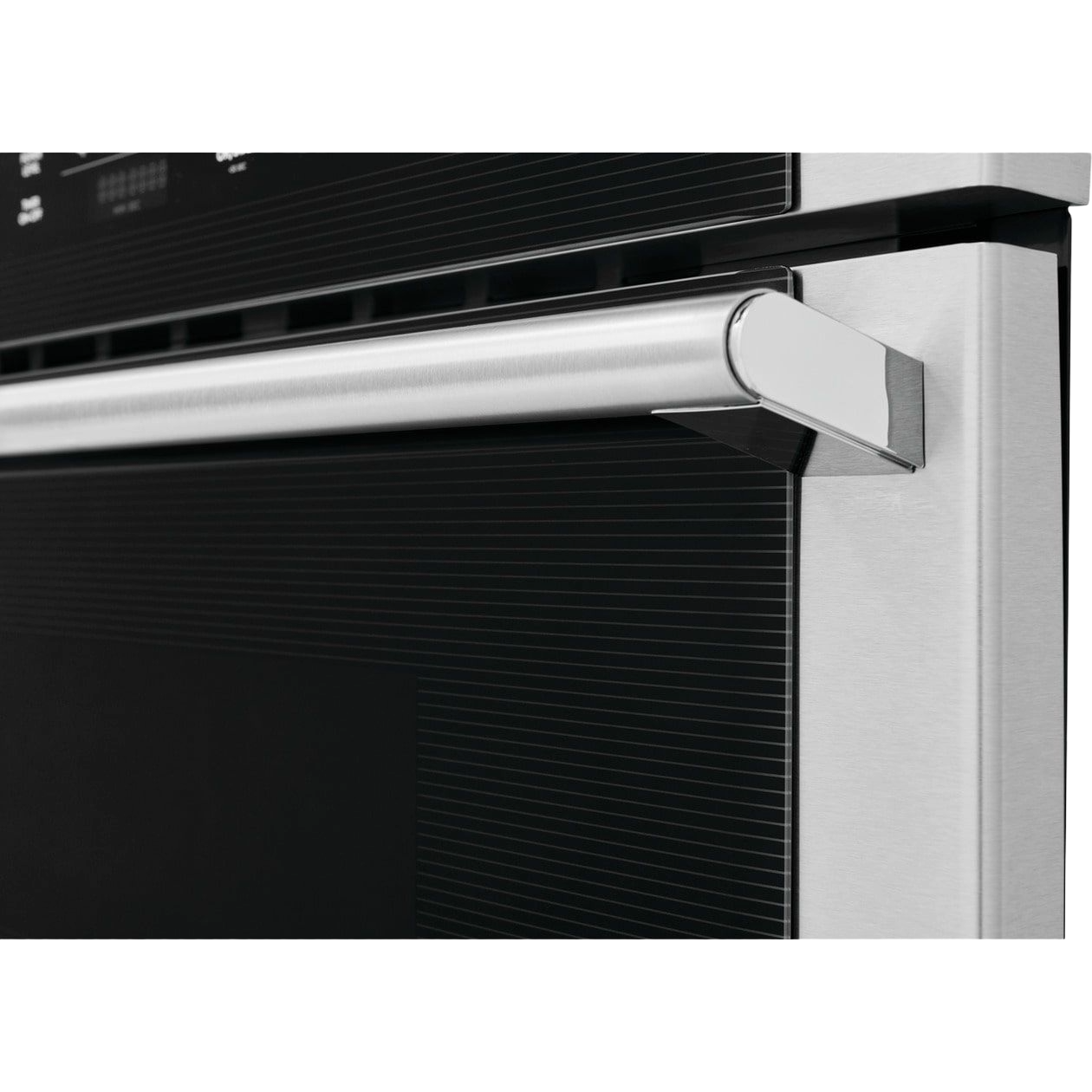 Close-up of stainless steel handle with gunmetal chrome accents on built-in microwave oven door in modern kitchen appliance setting