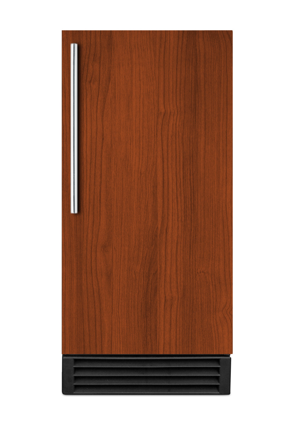 Built-in clear icemaker with wood panel door and stainless steel handle for kitchen and appliances collection