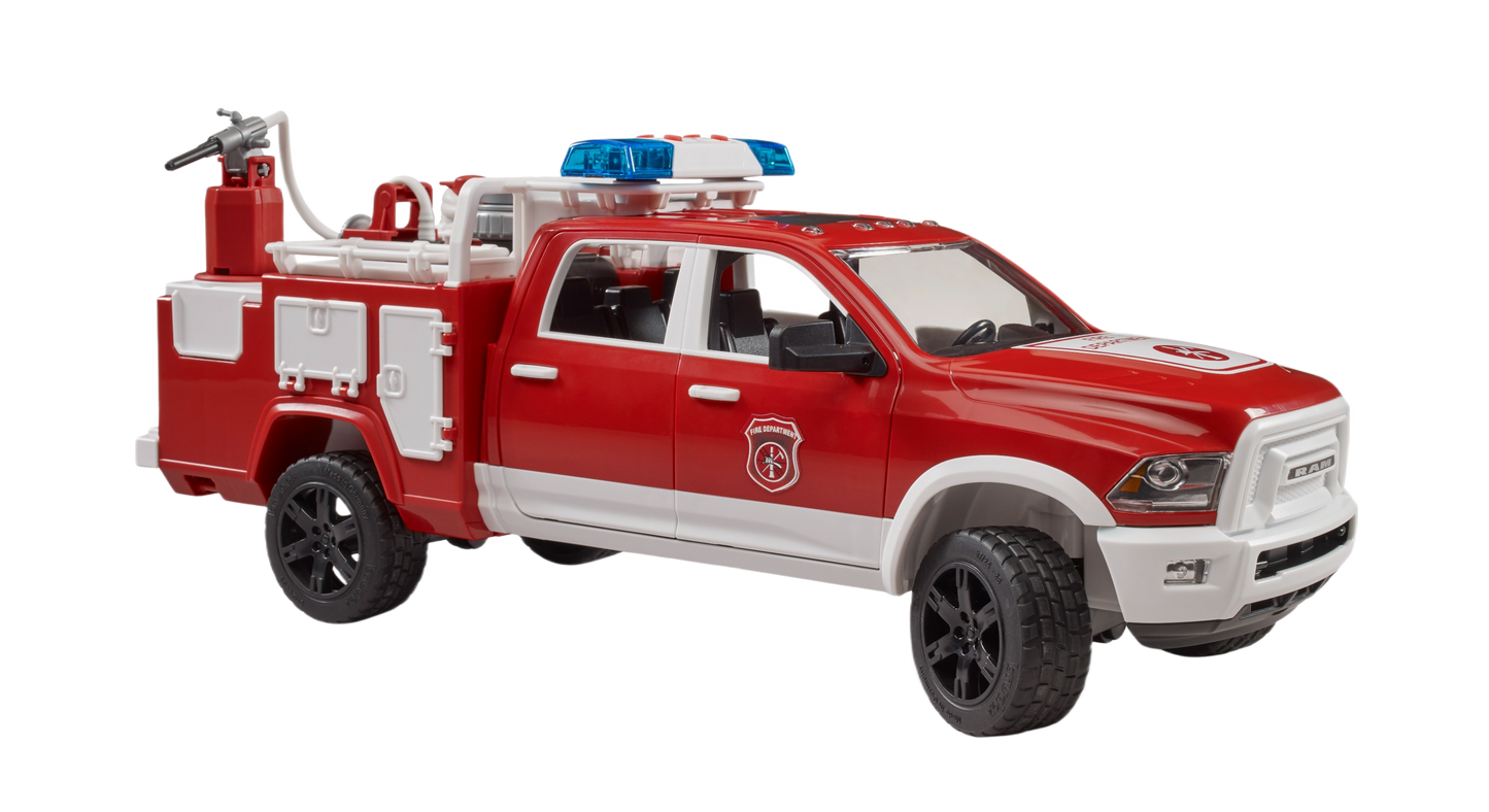 Red and white fire rescue truck toy with detailed hose, sound and light features, and rugged black wheels