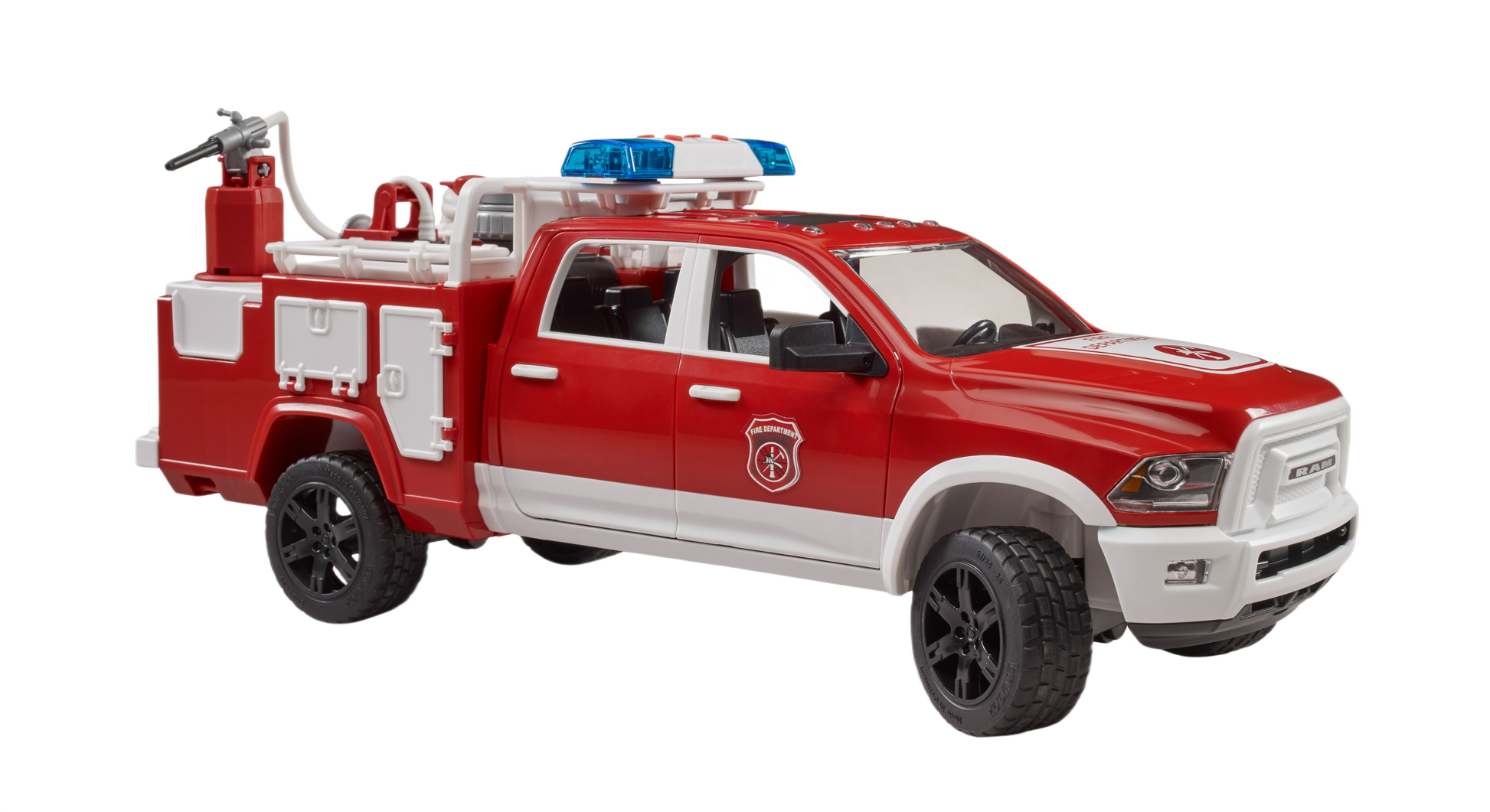 Red and white fire rescue truck toy with detailed hose, sound and light features, and rugged black wheels