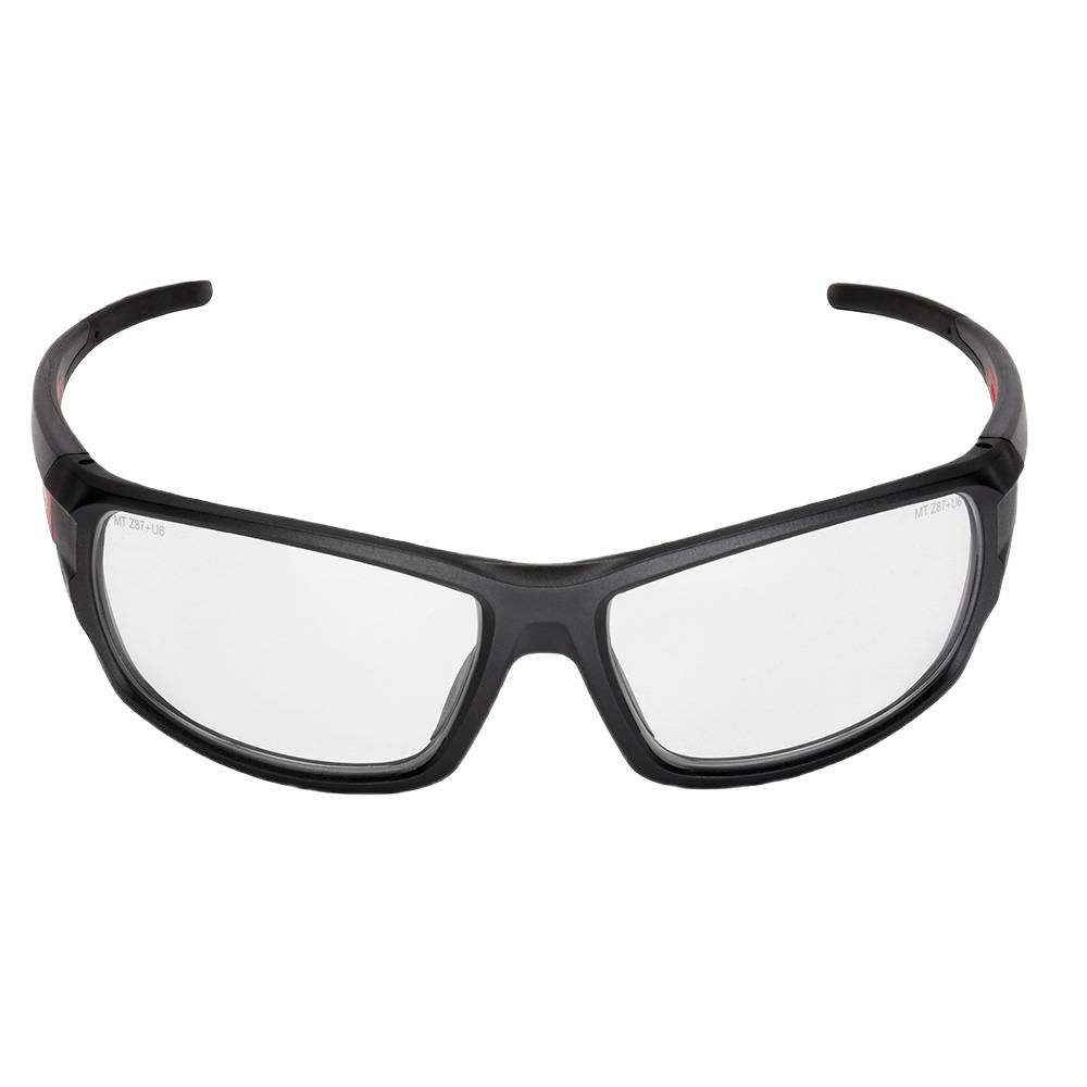 Black frame clear lens Milwaukee performance safety glasses designed for protection in tools and home improvement tasks