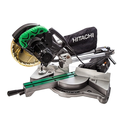Metal sliding compound miter saw with green handle and dust collection bag for tools and home improvement projects