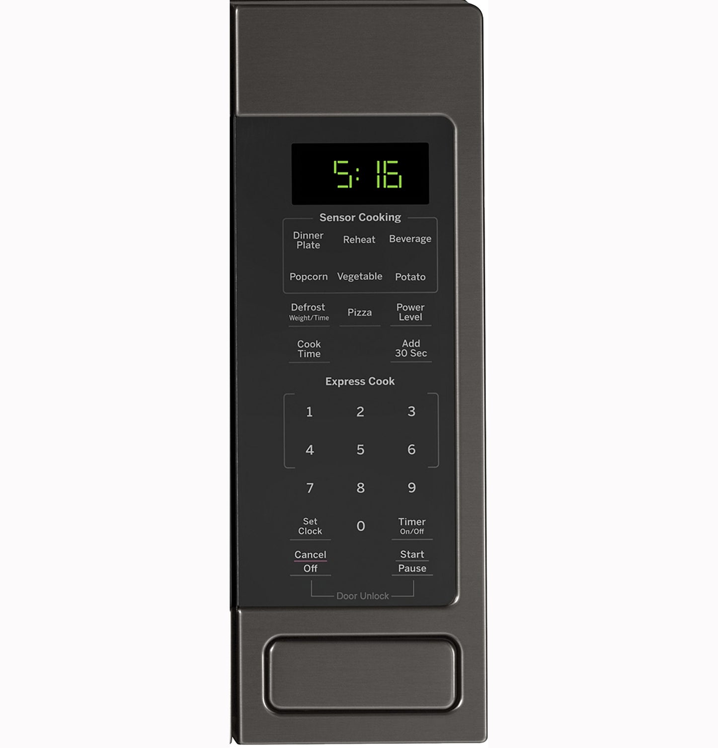 Digital control panel with green LED display and multiple cooking functions for countertop microwaves in kitchen appliances collections