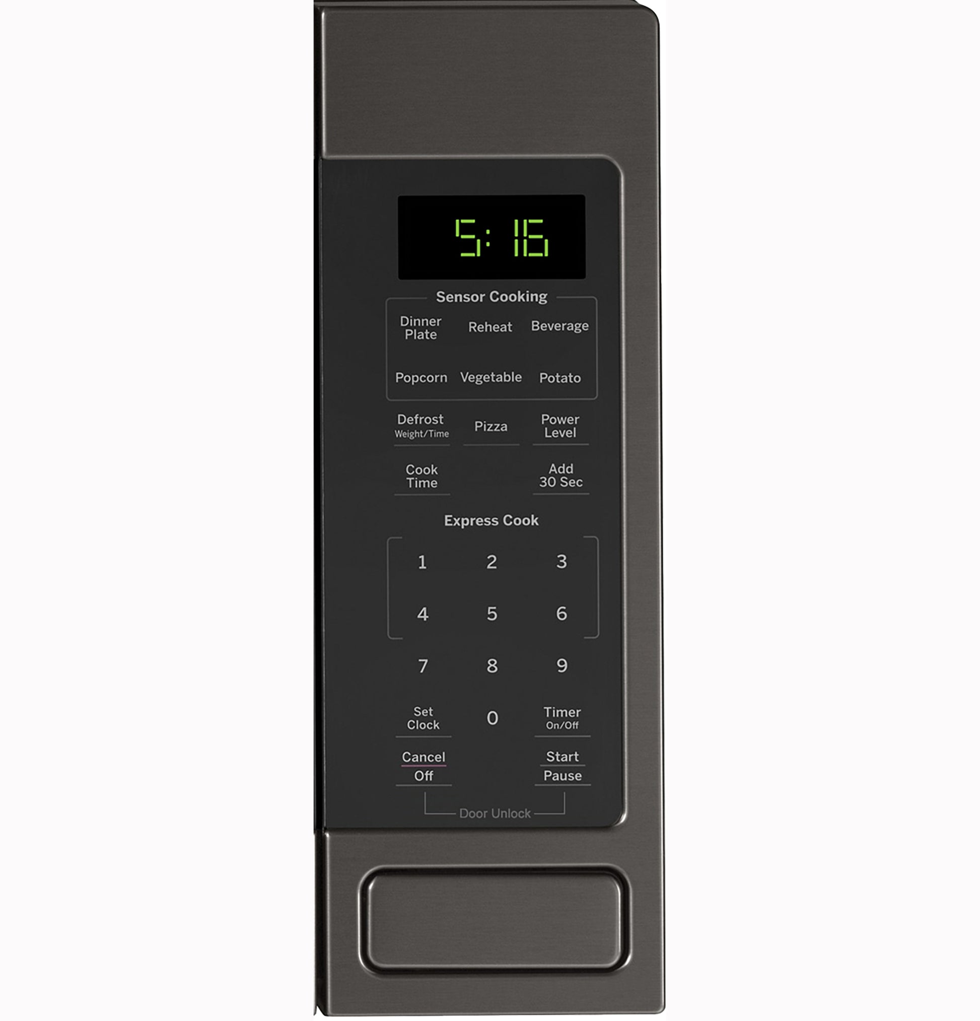 Digital control panel with green LED display and multiple cooking functions for countertop microwaves in kitchen appliances collections