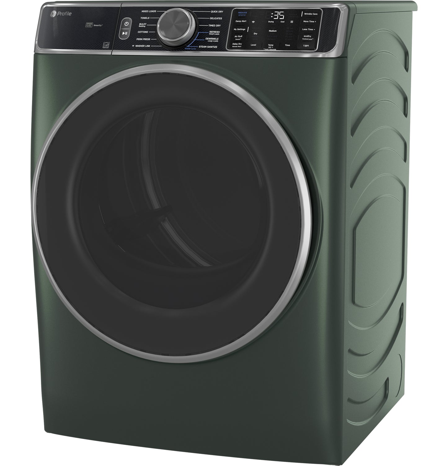 Green smart front load gas dryer with large tinted door and digital control panel in Dryers and Appliances collection