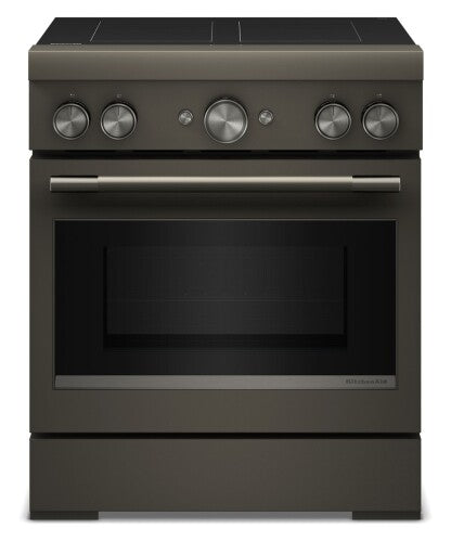 30-inch commercial-style induction range with four cooking elements and convection oven in dark stainless steel finish