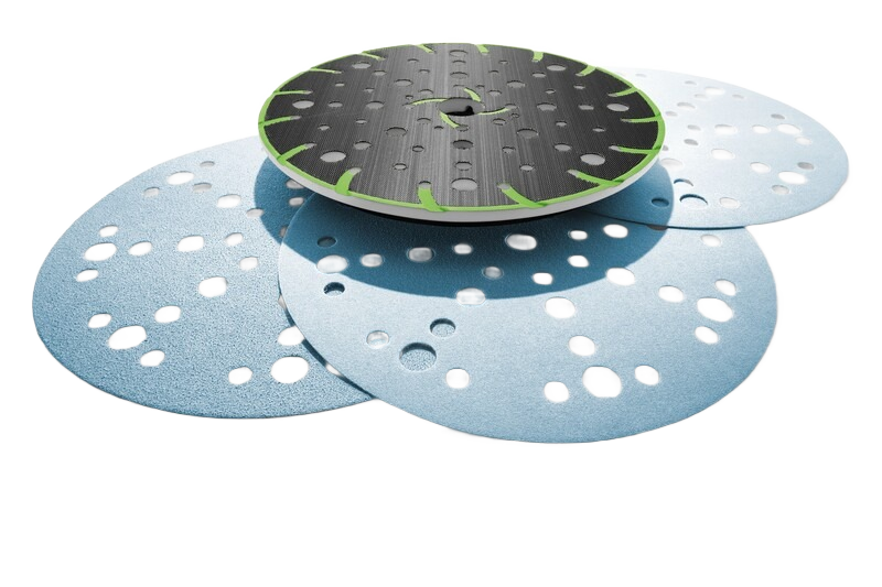 Round sander backing pad with ventilation holes paired with multiple sanding discs for home improvement tools