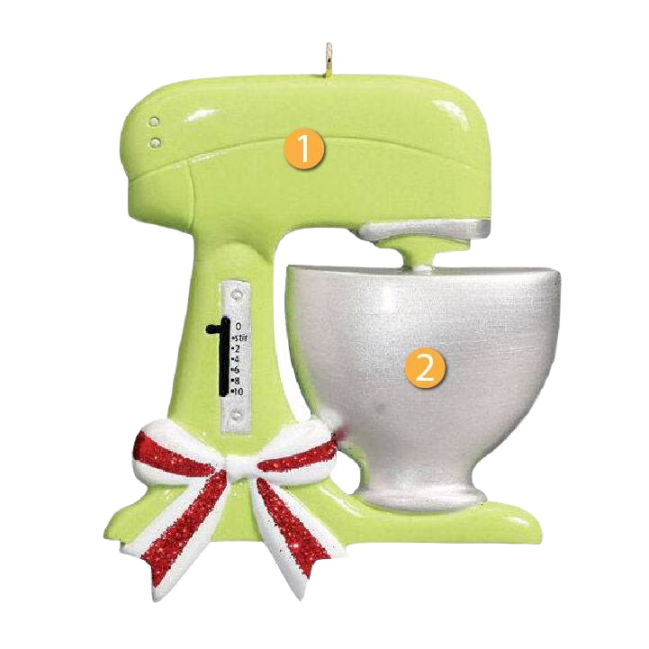 Green kitchen mixer ornament with silver mixing bowl and red-and-white striped bow from Christmas Ornaments & Tree Decorations collection