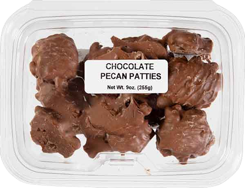 Clear plastic container filled with milk chocolate-covered pecan patties labeled for candy and chocolates collection