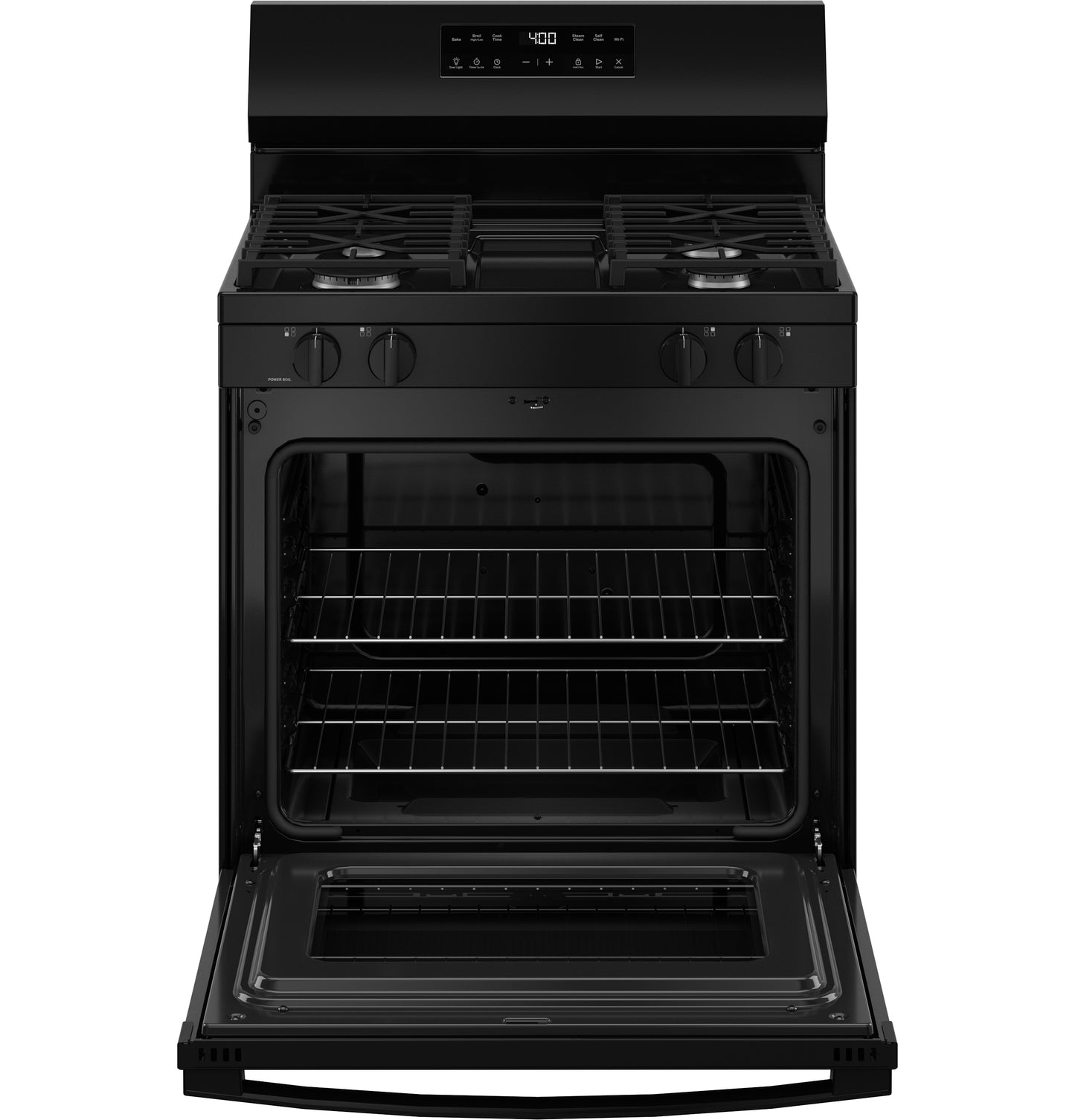 Black freestanding gas range with open oven door showing two racks and digital control panel in kitchen appliances collection