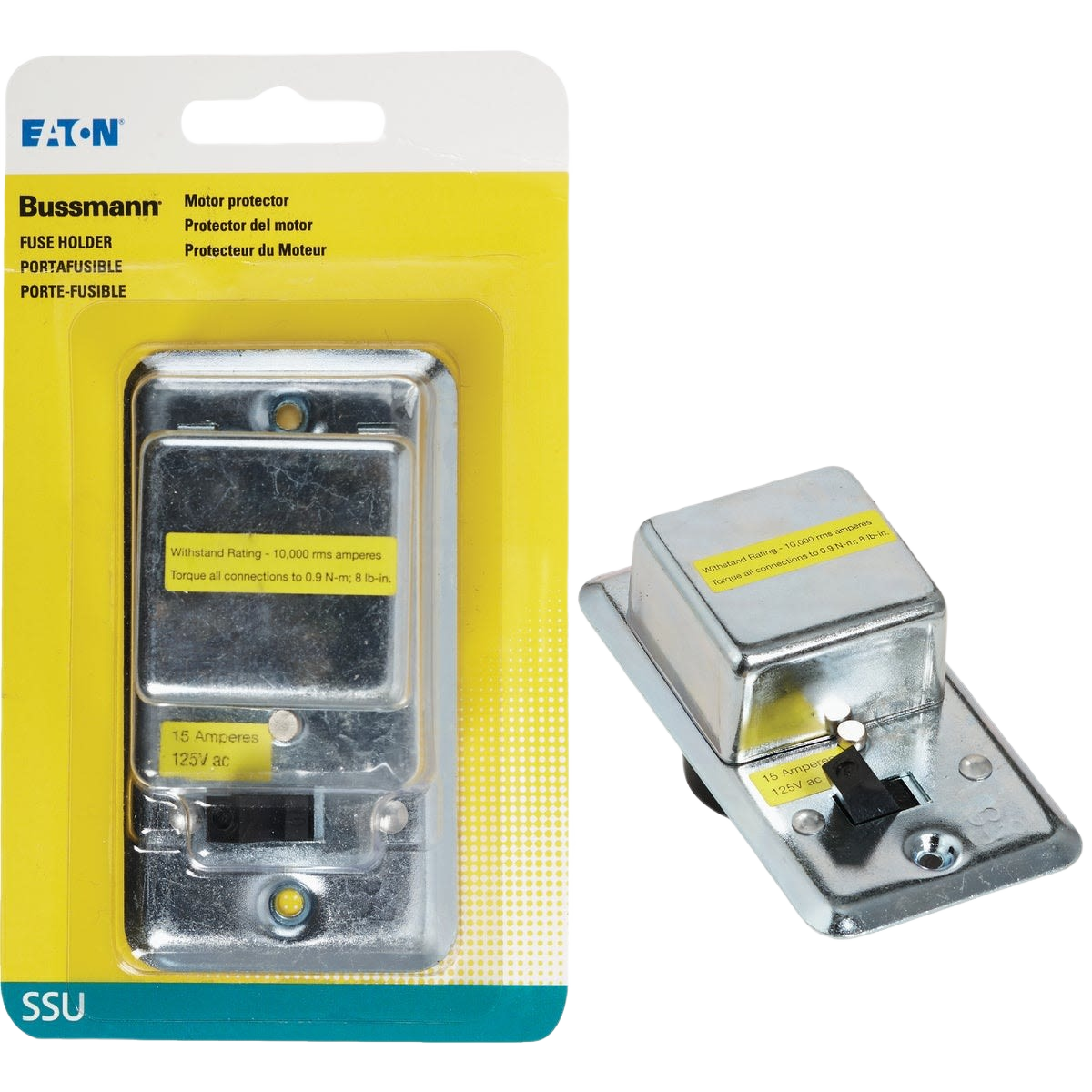 Metal receptacle fuse holder with labels for 15 amps, designed for motor protection in home improvement applications